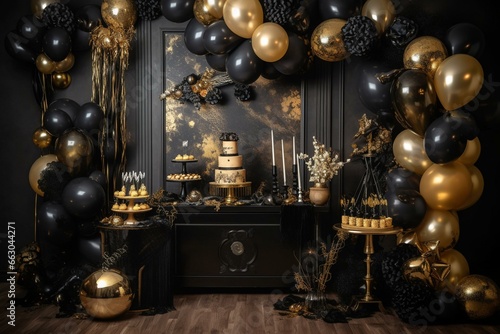 Stylish and opulent birthday backdrop in a combination of black and gold. Generative AI