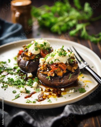 Roasted Vegetable and Goat Cheese Stuffed Portobello Mushrooms, a Gourmet Dish in a Close-Up Presentation