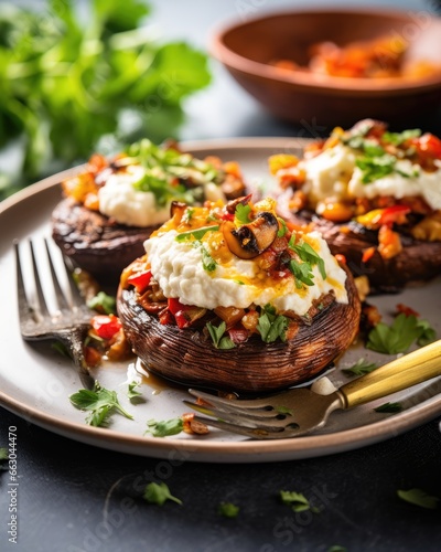 Roasted Vegetable and Goat Cheese Stuffed Portobello Mushrooms, a Gourmet Dish in a Close-Up Presentation
