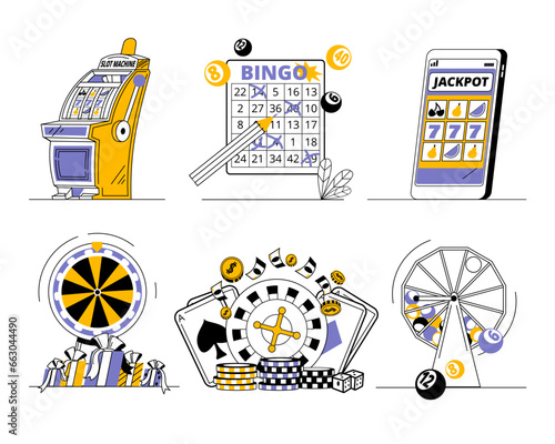 Slot machine, casino, bingo game, wheel of fortune and lottery. Set of vector illustrations in linear style on the theme of gambling.