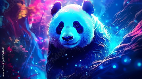 A panda that appears as a hologram with a shimmering background photo