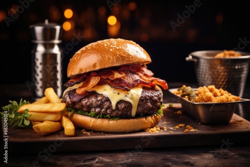 A Gourmet Burger Extravaganza - Towering with Juicy Beef, Crispy Bacon, Fresh Lettuce, Tomato, and Melted Cheese, Served with Crispy Golden French Fries