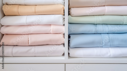 Neatly folded bed linen and towels stacks lie in the open closet shelf. Pastel colors palette, ergonomic storage. 