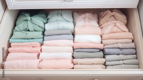 Neatly folded bed linen and towels stacks lie in the open closet shelf. Pastel colors, ergonomic storage. 