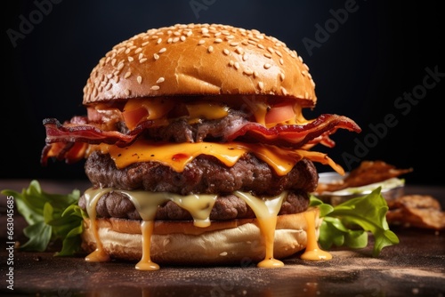 Savor the Ultimate Gourmet Burger - A Towering Delight of Juicy Beef, Crispy Bacon, Melty Cheese, and Fresh Fixings, Nestled on a Brioche Bun, Isolated on a Dark Background


