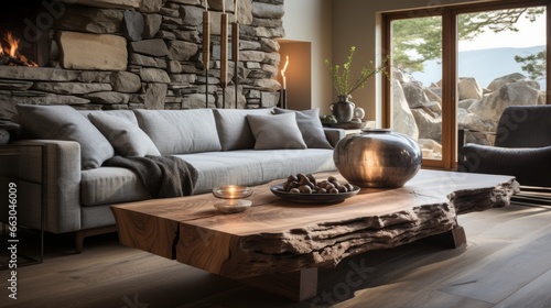 Rustic Live Edge Wooden Coffee Table by Sofa in Modern Living Room
