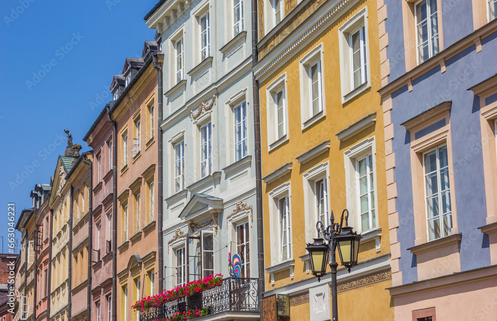 Row of colorful houses in historic city Warsaw, Poland