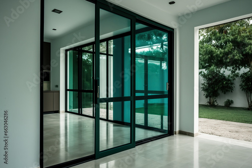 Green clear glass on house walls and sliding door. Generative AI
