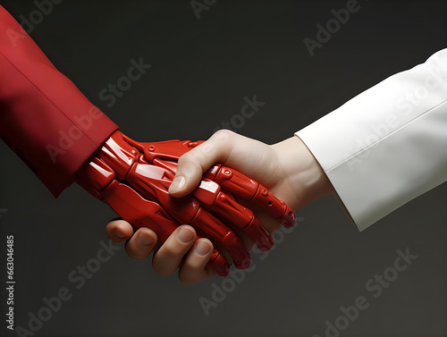 businessman wear white suit shaking hands with red hand of robot, close-up hand. successful, handshaking, after good deal