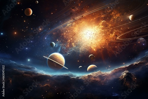 A stunning illustration of the solar system featuring the sun and planets in outer space. Generative AI photo