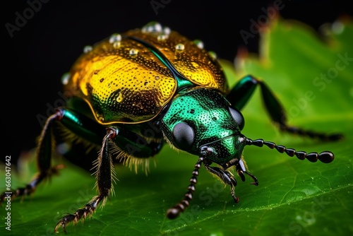 Close-up macro photograph of a leaf beetle, Chrysolina graminis, resembling a tansy beetle. Generative AI