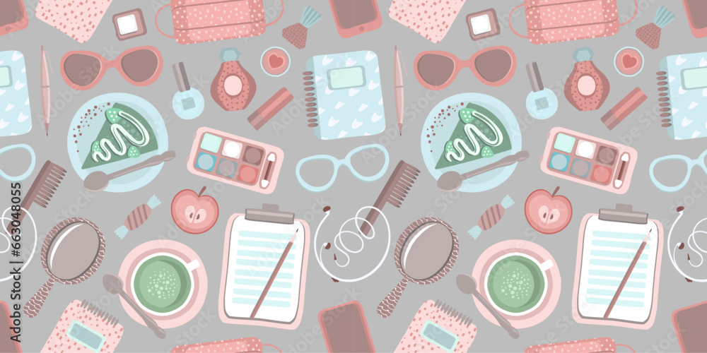 Fashion seamless pattern with women's accessories, cosmetics, gadgets