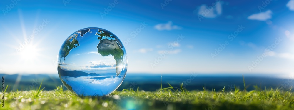 Globe in Nature: A Transparent Glass Sphere Holding Planet Earth Gently Placed Amidst Nature's Beauty, Reflecting Sunlight, Offering Ample Copy Space.

