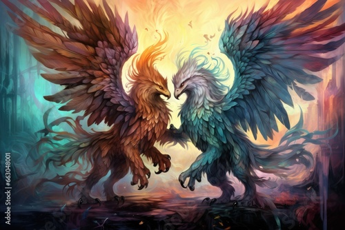 Loyal griffins  majestic creatures with the body of a lion and the wings of an eagle - Generative AI
