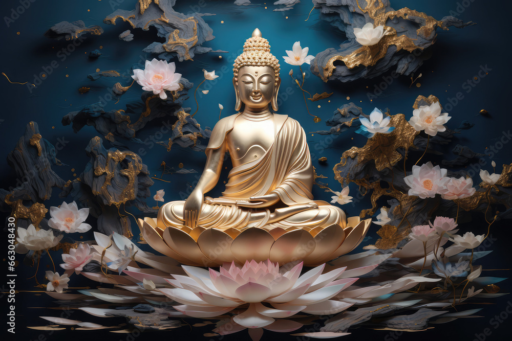 glowing Lotus flower and gold buddha statue