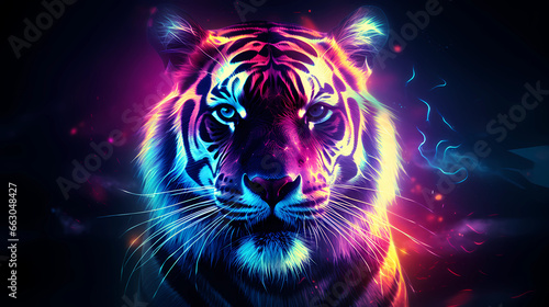 a tiger with a holographic effect that emits a futuristic aura photo