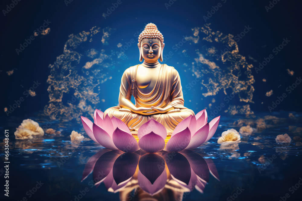 glowing Lotus flower and gold buddha statue