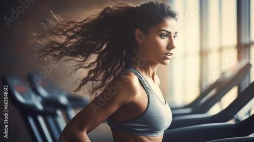 A focused woman running on a treadmill, her determination evident in her steady stride and concentration.