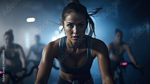 A woman, amidst an intense spin class, pushes through her limits, the determination clear on her face as she pedals.