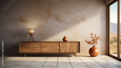 Modern Living Room with Wooden Cabinet, Dresser and vases: Scandinavian Elegance