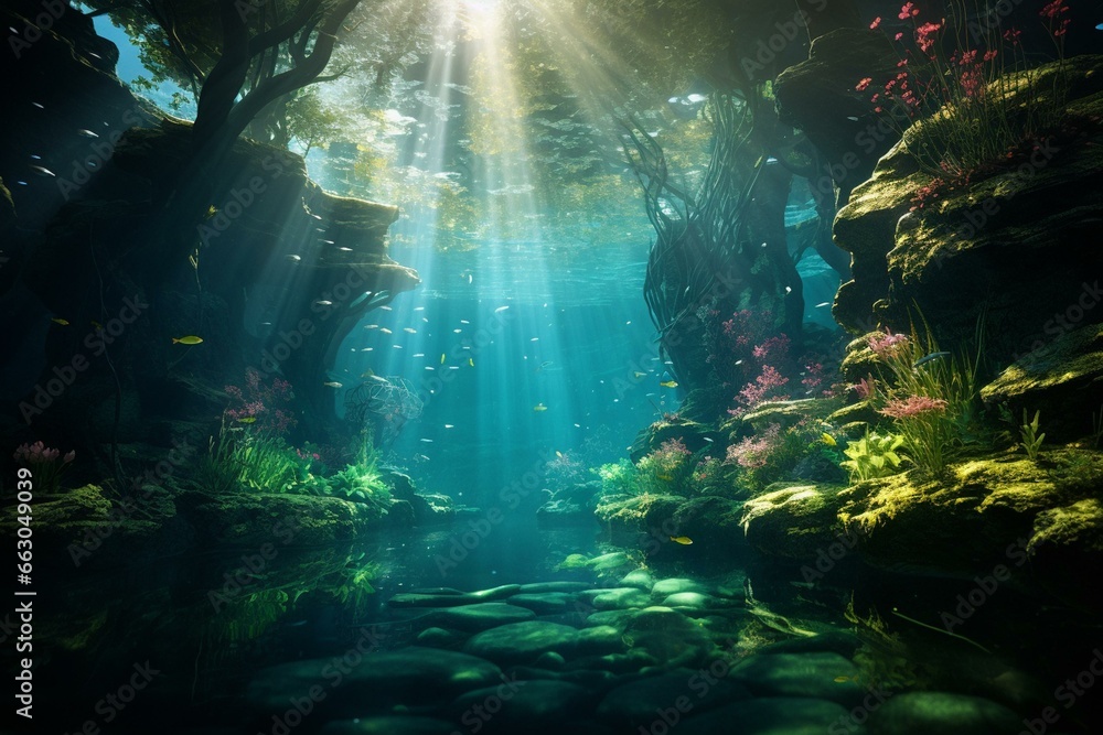 Exploring a magical forest with detailed visuals and wide-angle bokeh beneath the water. Generative AI
