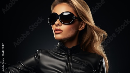 fashion model in sunglasses and black leather jacket