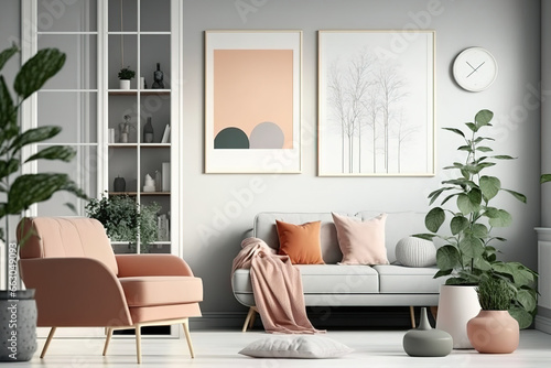 Colorful Scandinavian living room design, frame mockup, simple interior background, illustration. Generative AI © Sona
