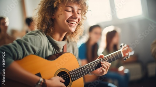 A smiling teenager strumming an acoustic guitar in a sunlit room