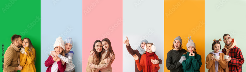 Set of people in winter clothes on color background. Christmas celebration Set of people in winter clothes on color background. Christmas celebration