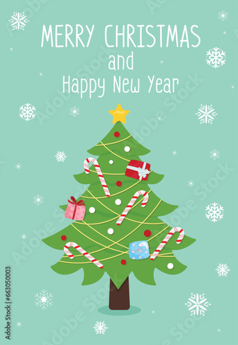 Flat style vector illustration, cute tree Christmas gift box and candy on Green background and message of Merry Christmas and Happy New Year