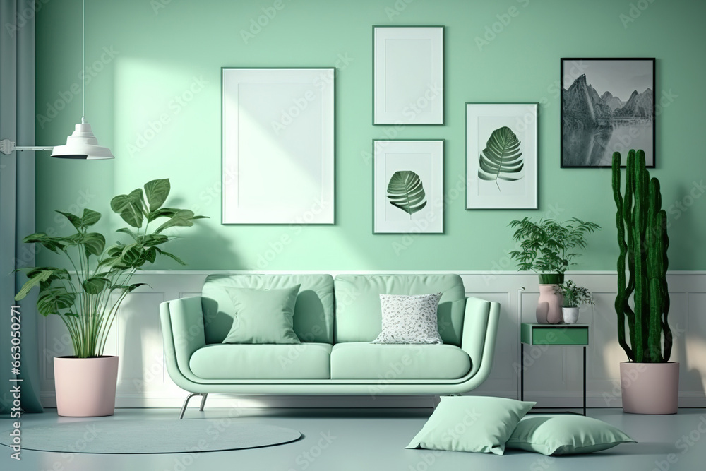Flat color poster showcase room with five frames on the wall, monotone light green gallery wall with chairs and plants. Generative AI Flat color poster showcase room with five frames on the wall, monotone light green gallery wall with chairs and plants. Generative AI