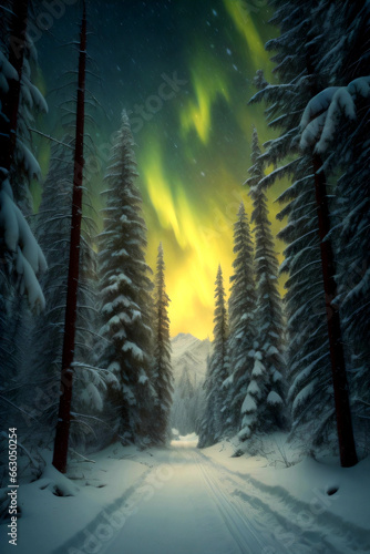 Vertical background of the Northern Lights view in a snow-covered forest at night