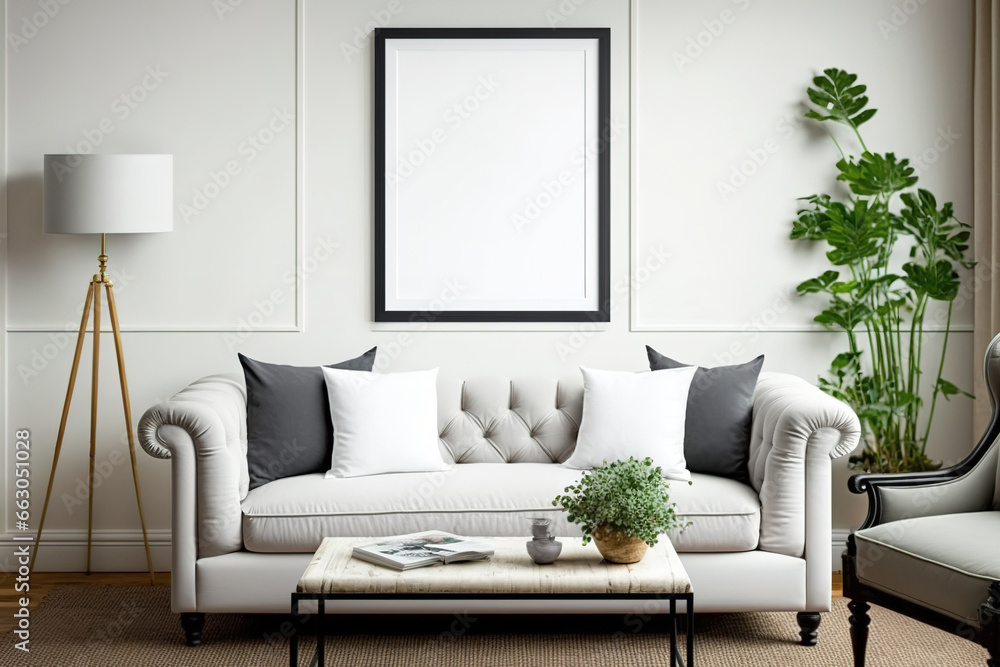 Fototapeta premium Hampton-style living room with frame mockup. Generative AI