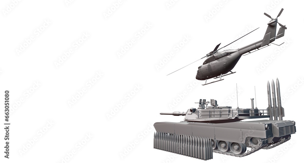 military equipment and ammunition, tank, helicopter and missiles, black and white 3d illustration military equipment and ammunition, tank, helicopter and missiles, black and white 3d illustration