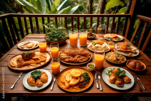 Breakfast at a jungle hotel with a view of the jungle  featuring orange juice  plates of food  and utensils on a terrace