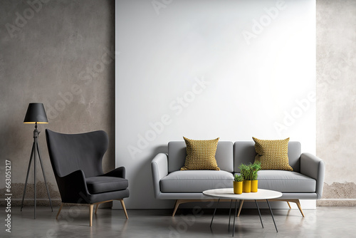 Modern living room decor with a chair  coffee table  and copy space against a background of a concrete wall. concept of comfort and home. a mockup. Generative AI
