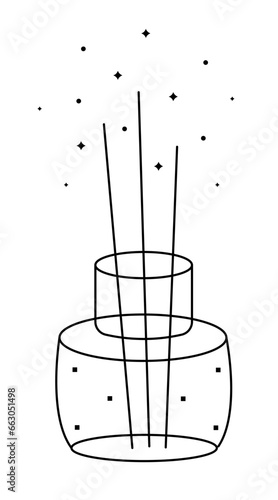 Black line incense sticks, pictogram of a glass perfume jar, magical fragrance, vector doodle of aroma for a spa salon, illustration in minimal style
