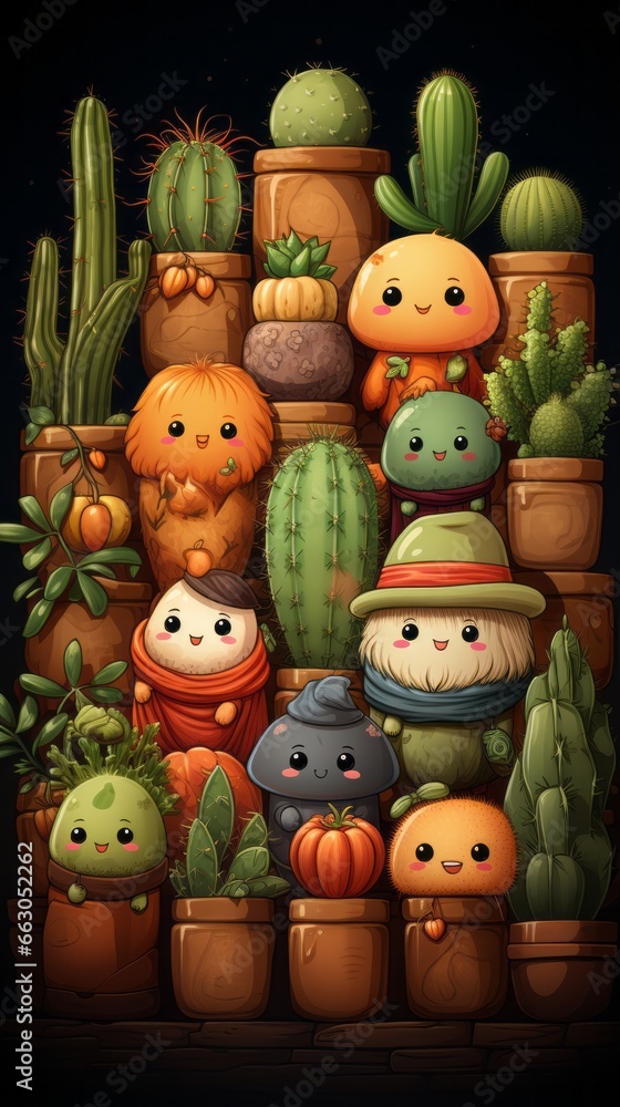 Wallpaper of Cute Cacti Characters Wearing Hats and Glasses, Generative AI Wallpaper of Cute Cacti Characters Wearing Hats and Glasses, Generative AI