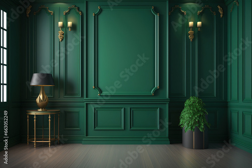 Green classic interior with blank wall, panel, and moldings. sketch. Generative AI © Sona