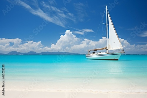 A sailboat in clear blue water near a sunny beach, turquoise waters, dreamy and romantic composition. Generative AI © Enzo