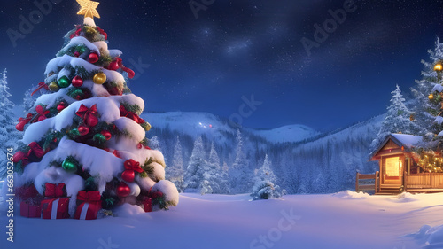 Christmas scenery with a blue night sky and aurora