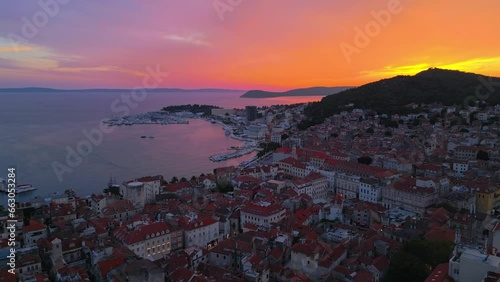 Aerial drone shot of Split, Croatia during sunset.