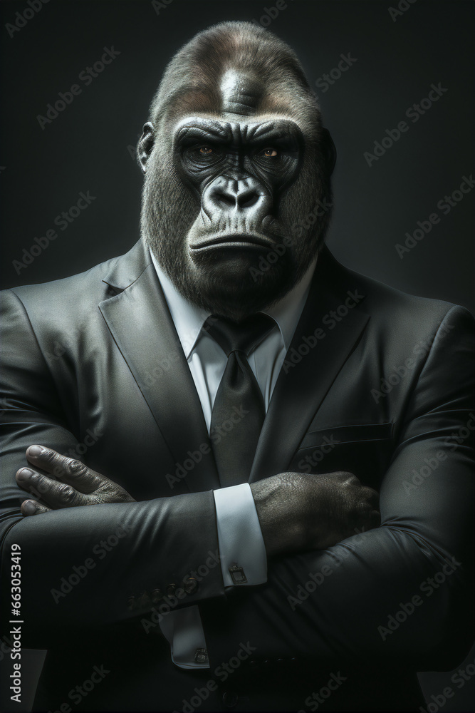 Obraz premium Portrait of a Successful Business Gorilla Businessman with Suit and Tie building Wealth Money Fortune
