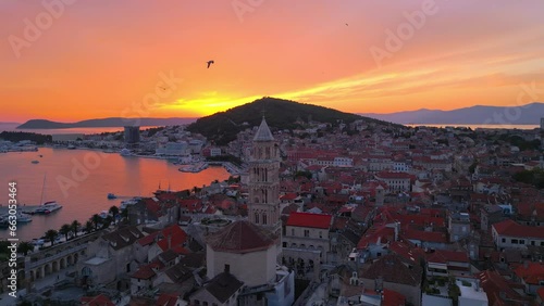 Aerial drone shot of Split, Croatia during sunset.