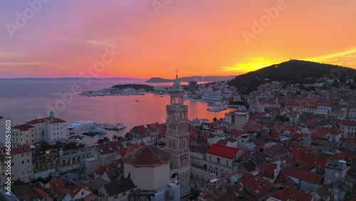 Aerial drone shot of Split, Croatia during sunset.