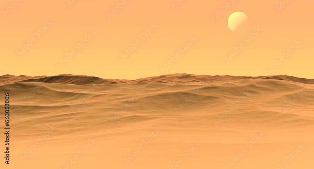 Abstract desert landscape with planet. Desert landscape. Desert surface, abstract landscape. 3D render Abstract desert landscape with planet. Desert landscape. Desert surface, abstract landscape. 3D render