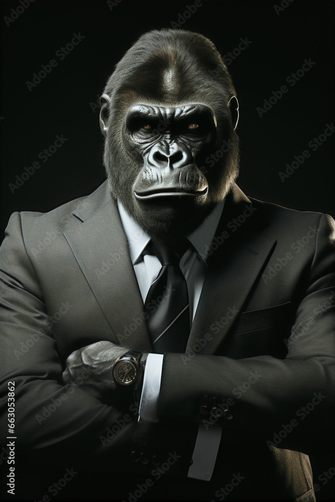Portrait of a Successful Business Gorilla Businessman with Suit and Tie building Wealth Money Fortune Portrait of a Successful Business Gorilla Businessman with Suit and Tie building Wealth Money Fortune
