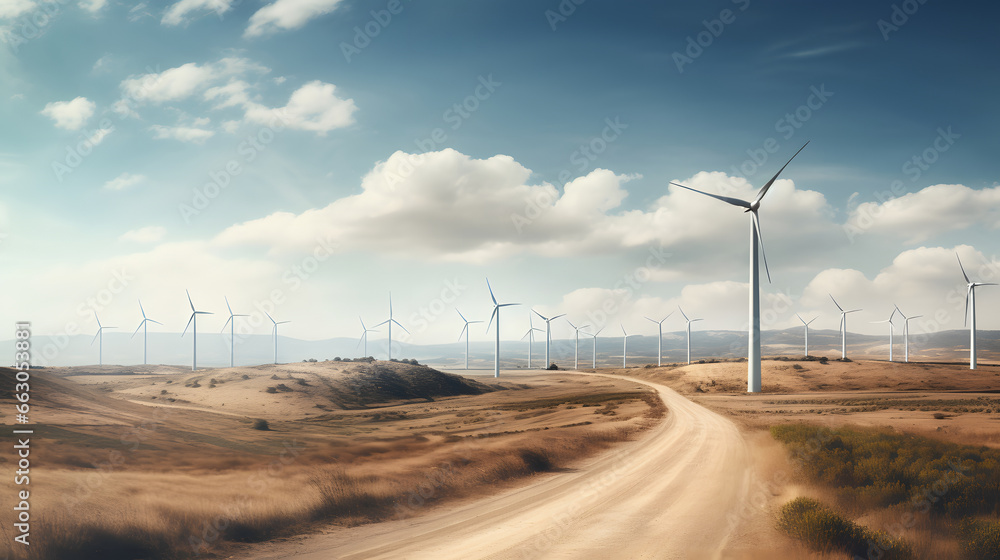 beautiful desert landscape with wind energy turbines