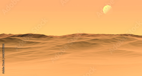 Abstract desert landscape with planet. Desert landscape. Desert surface, abstract landscape. 3D render