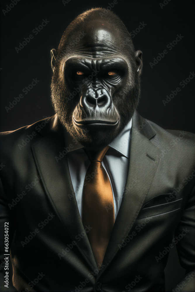Portrait of a Successful Business Gorilla Businessman with Suit and Tie building Wealth Money Fortune Portrait of a Successful Business Gorilla Businessman with Suit and Tie building Wealth Money Fortune